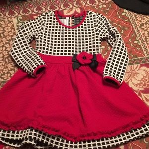 black & white pattern with red long sleeve dress